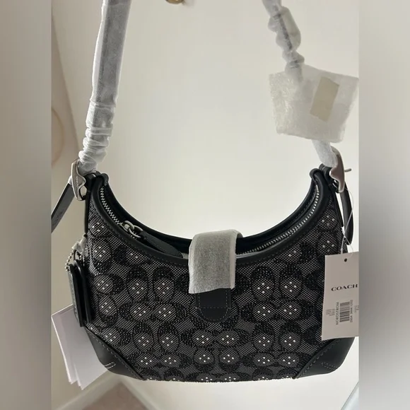 Coach Black Crystal Signature Jacquard Hamptons Hobo Shoulder Bag - Picture 6 of 9